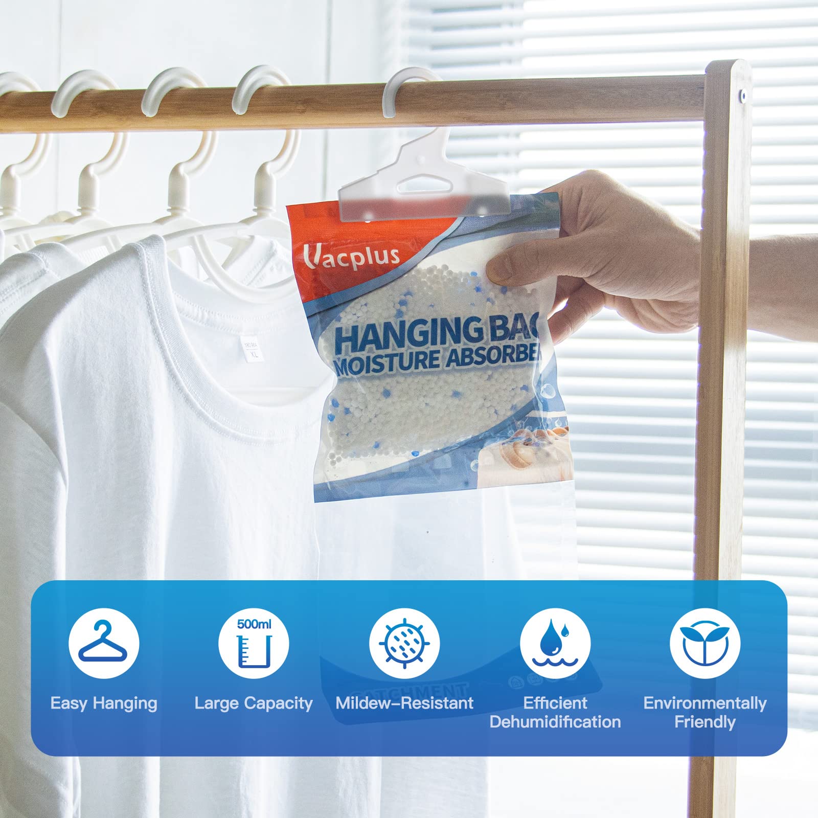 Vacplus hanging in closet beside clothes preventing mold and musty odor