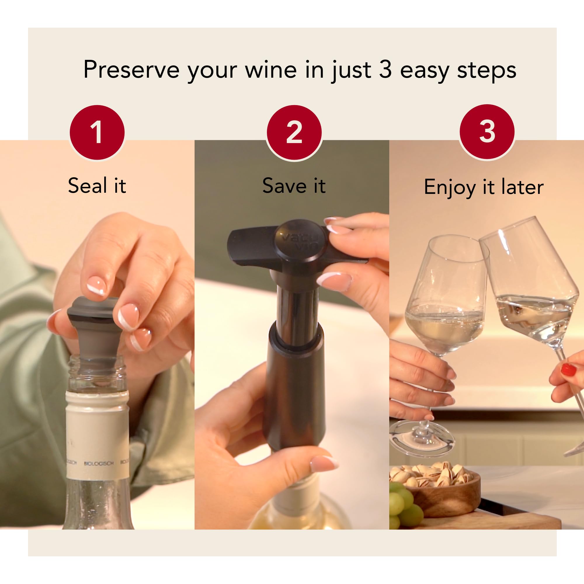 Vacu Vin kit beside a wine bottle showing scale and portable convenience benefit