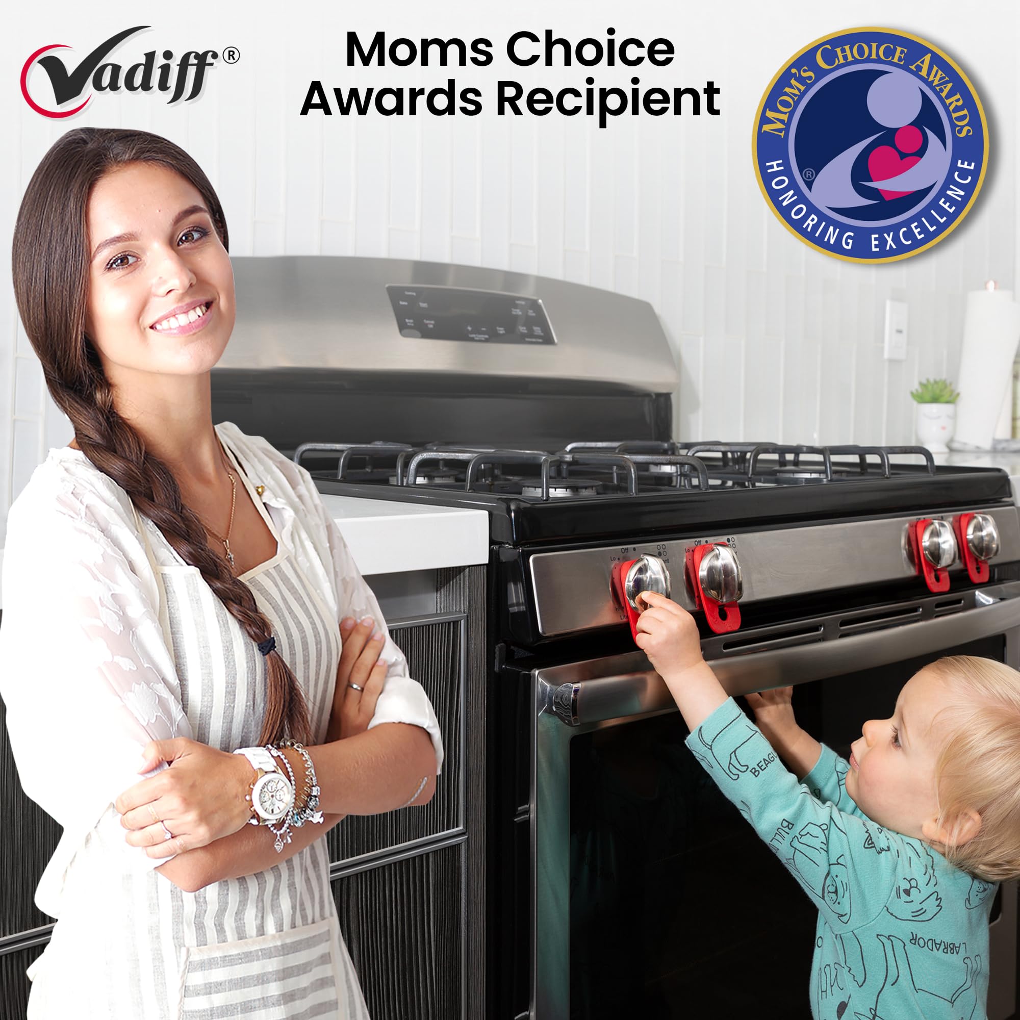 Vadiff installed on stove knob preventing accidental turn for child safety