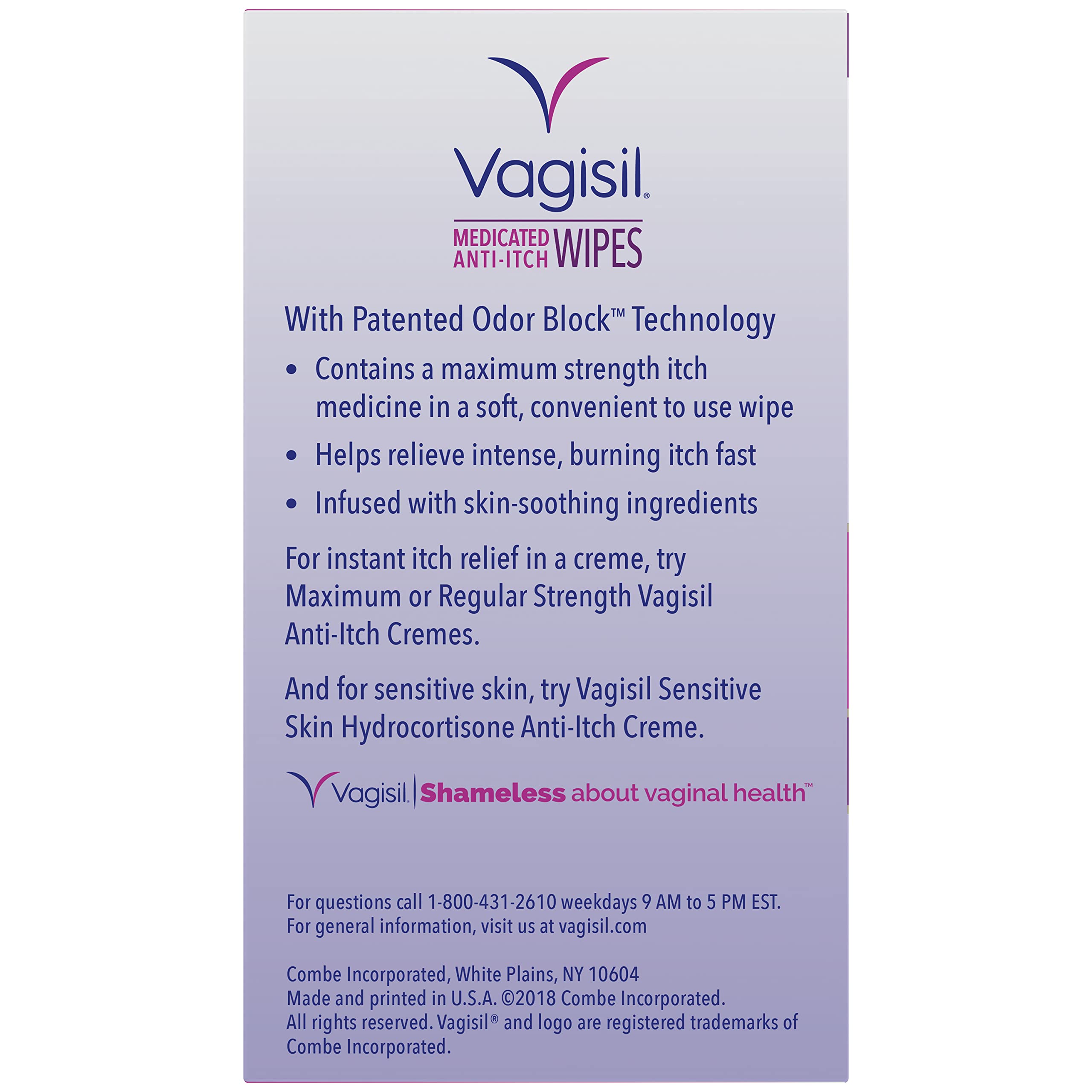 Vagisil label highlighting ingredients and patented Odor Block benefit