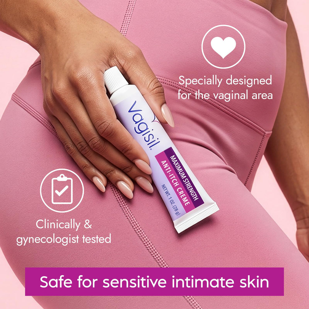 Vagisil next to credit card showing 1 oz travel‑friendly size benefit