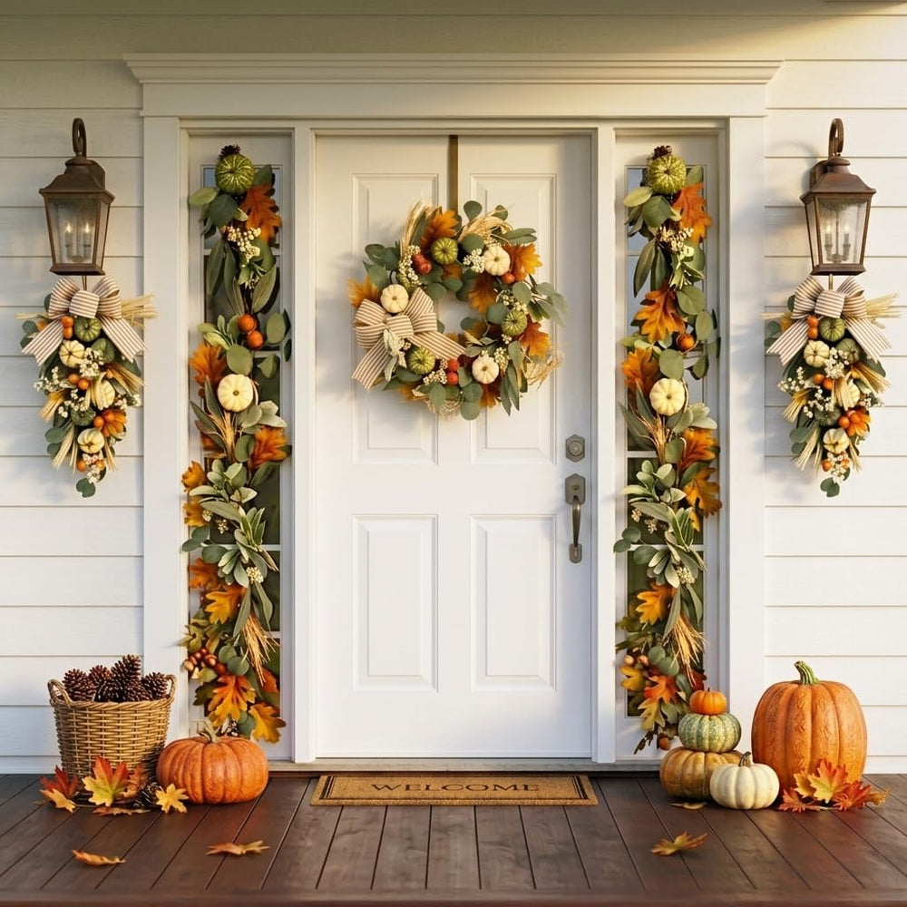 Valery Madelyn garland draped around a porch entry providing welcoming seasonal warmth