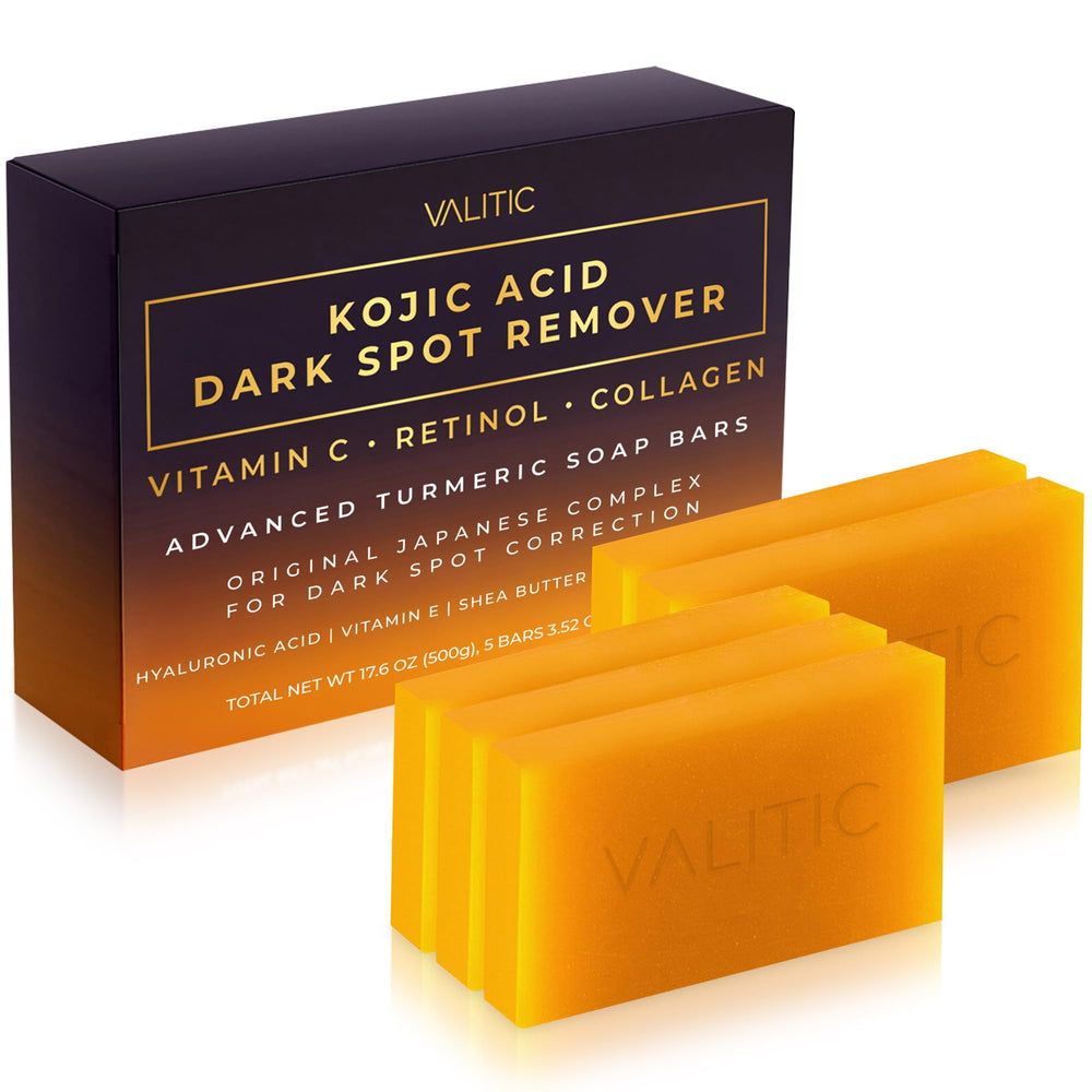 VALITIC front packaging of 5-pack kojic turmeric bars showing product benefits
