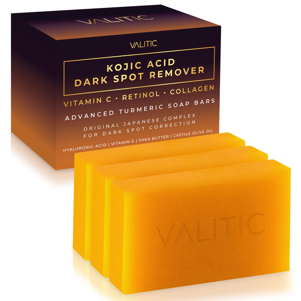 VALITIC front packaging showing three turmeric kojic soap bars and benefits