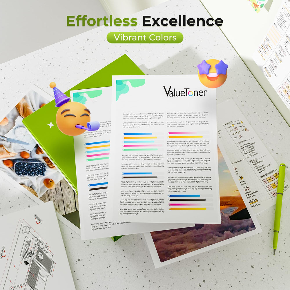 Printed pages beside Valuetoner cartridges demonstrating high-yield output