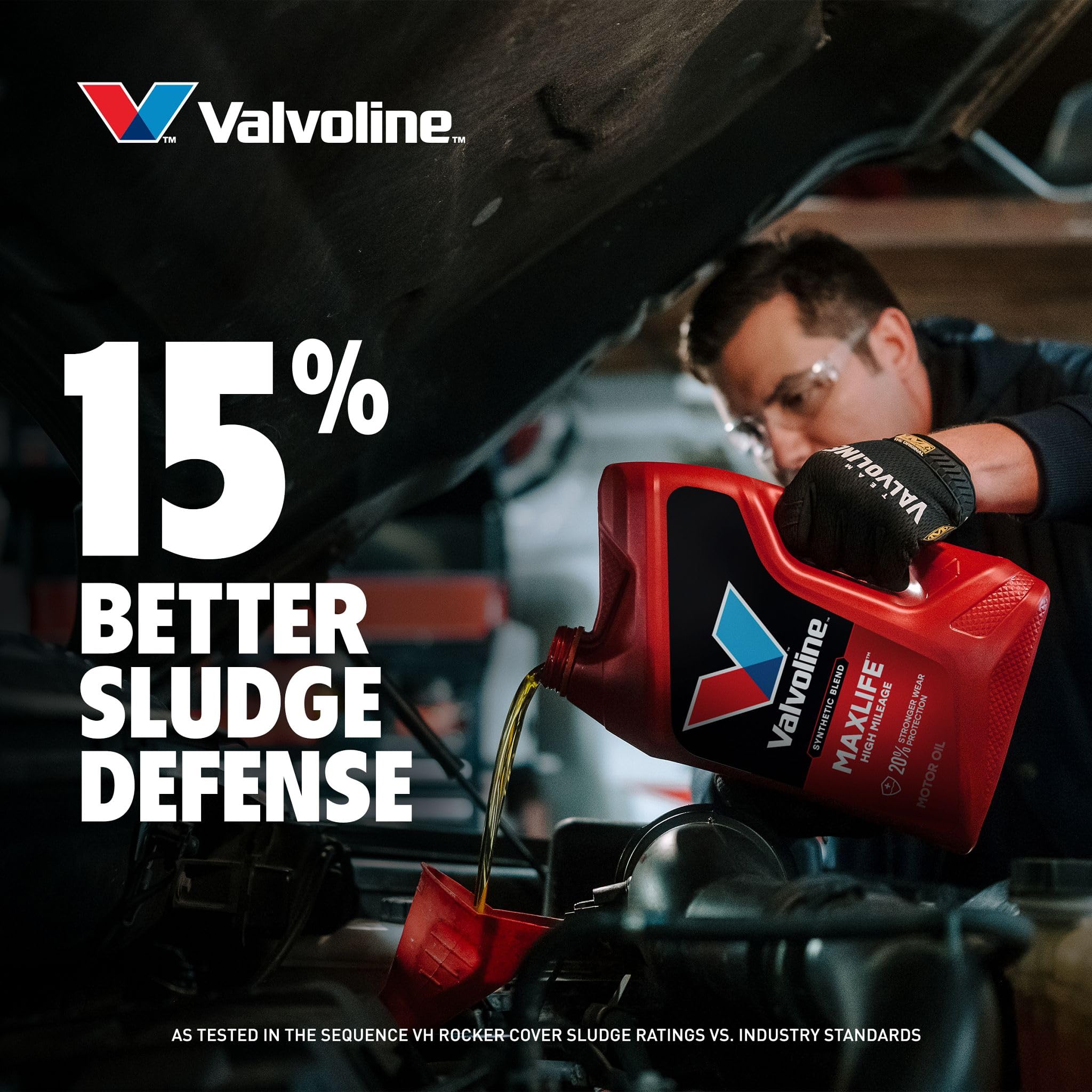 Close-up of Valvoline oil surface sheen showing synthetic-blend smoothness benefit