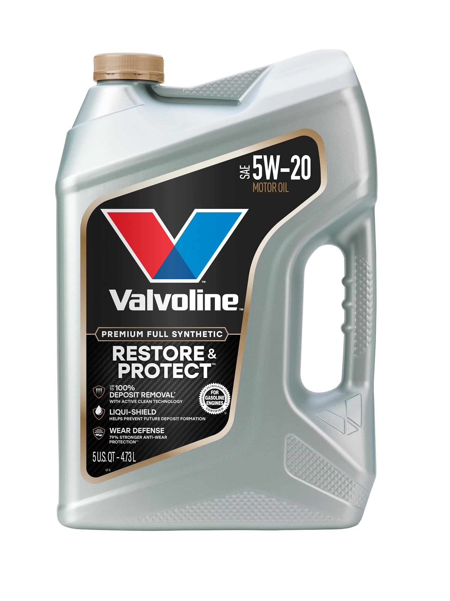 Valvoline Restore & Protect 5W-20 front jug showing branding and capacity benefit