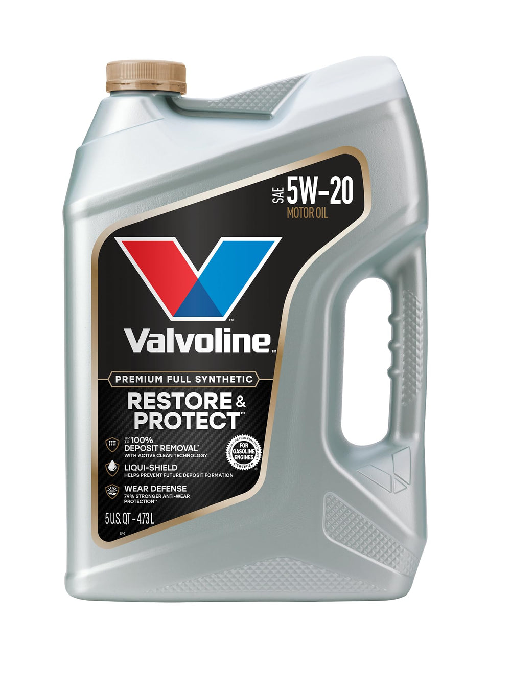 Valvoline Restore & Protect 5W-20 front jug showing branding and capacity benefit