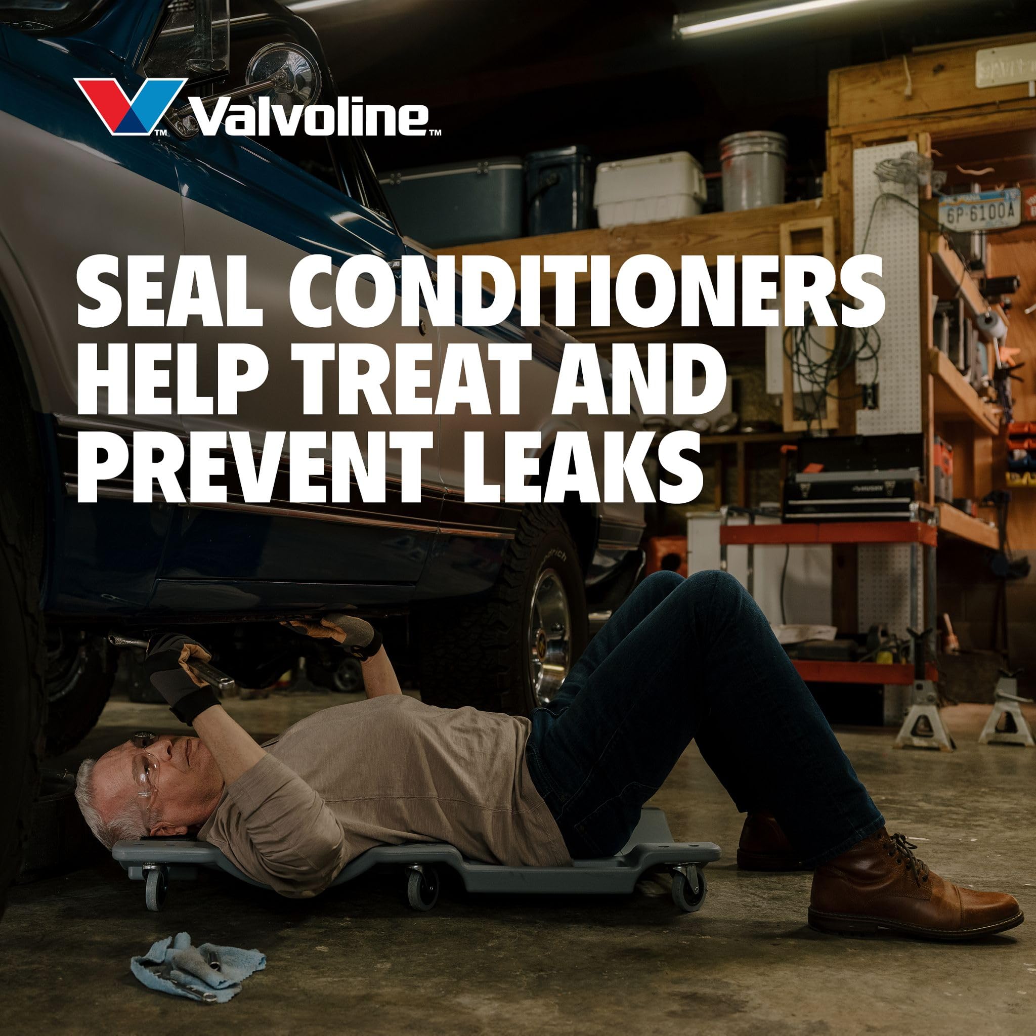 Illustrated diagram of Valvoline seal conditioners showing reduced leaks benefit