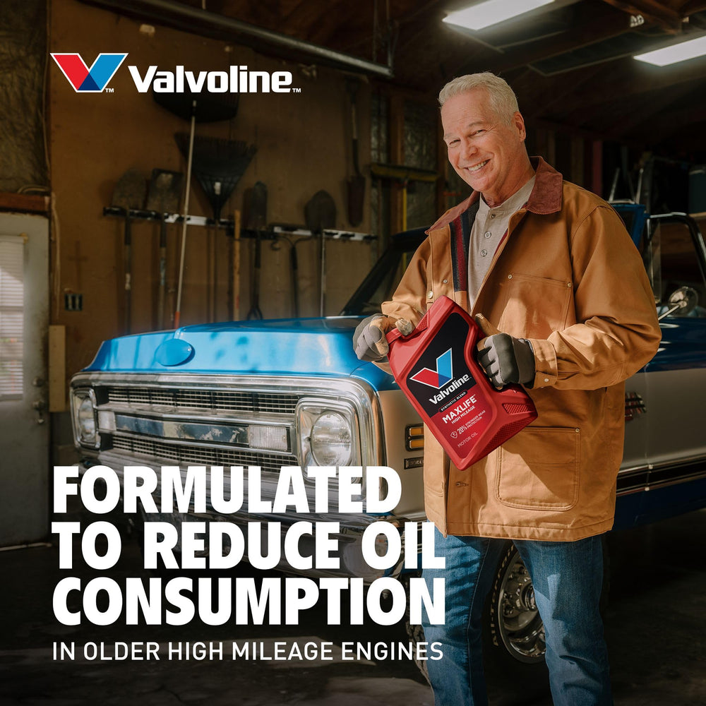 Valvoline jug held by hand to show 5 QT scale and easy handling benefit
