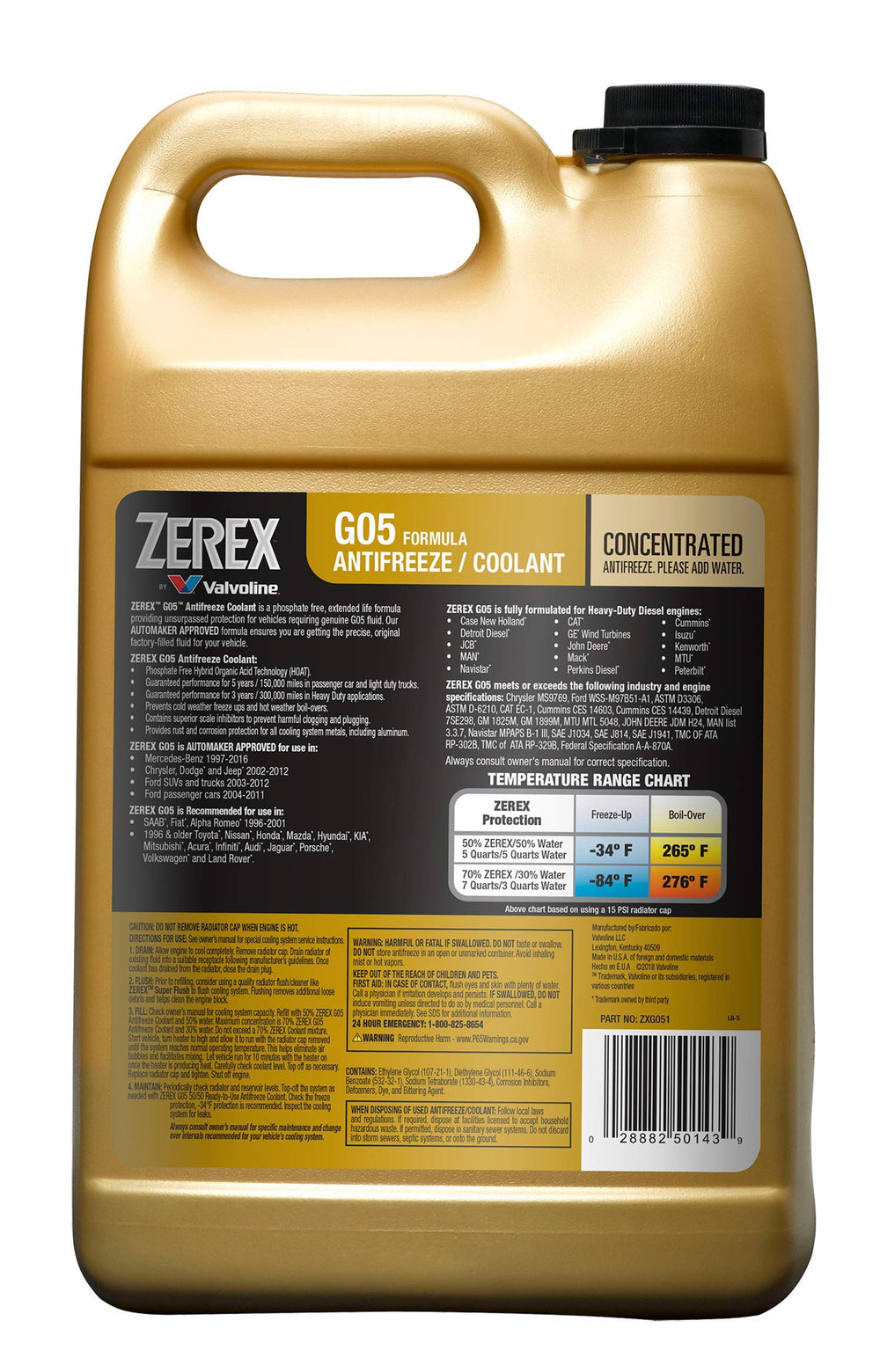 Valvoline Zerex G05 back label close-up highlighting specifications and mixing info