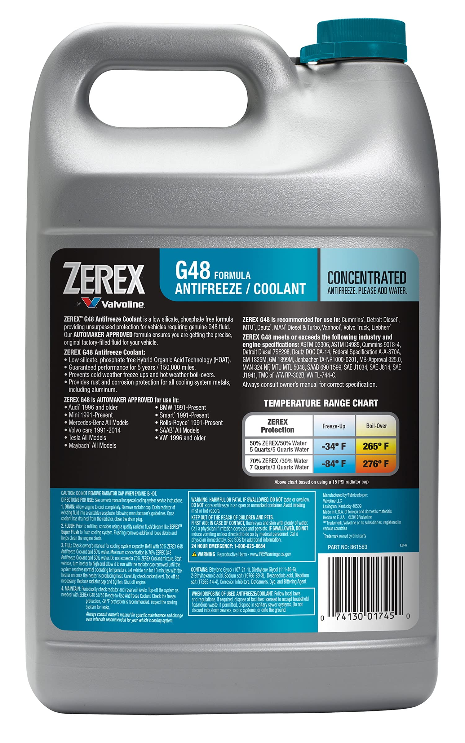 Valvoline Zerex G48 concentrate pour spout close-up, highlighting mixing control and precision