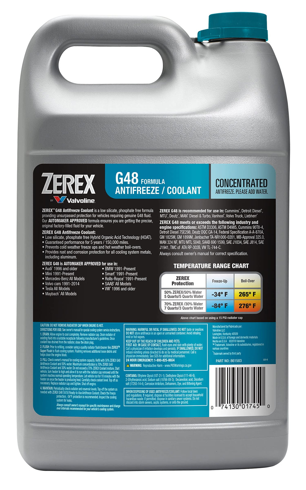 Valvoline Zerex G48 concentrate pour spout close-up, highlighting mixing control and precision