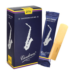 Vandoren front box of 10 Traditional alto sax reeds showing brand for reliable tone