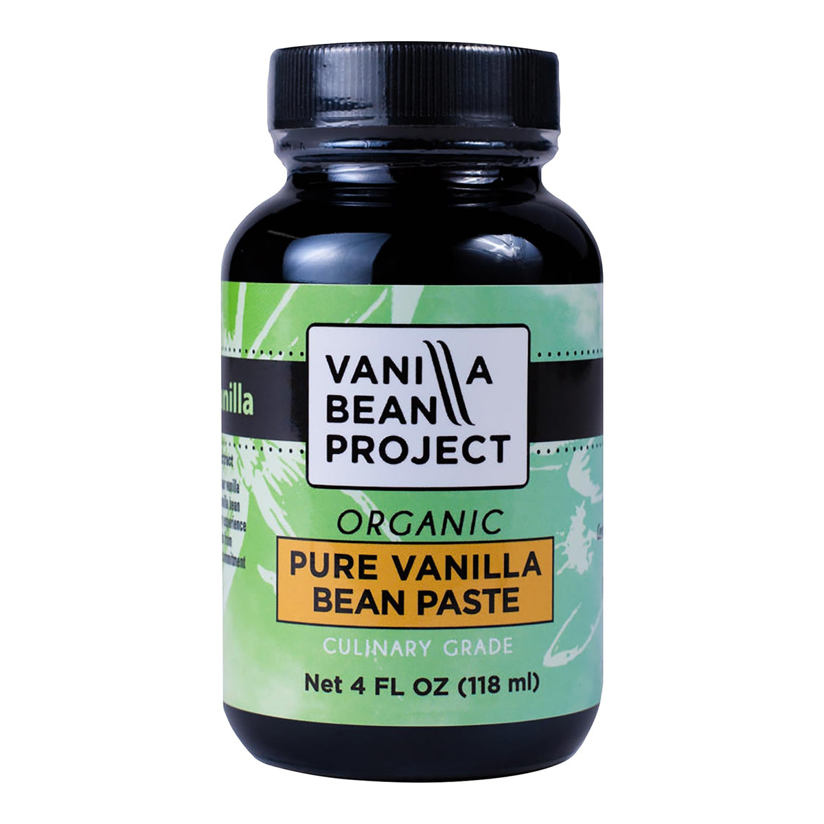 Vanilla Bean Project jar front label showing brand and 4 oz size, clear benefit of pure organic paste