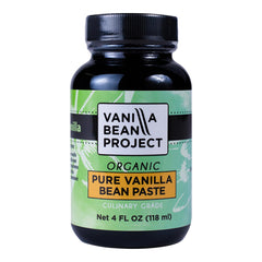 Vanilla Bean Project jar front label showing brand and 4 oz size, clear benefit of pure organic paste