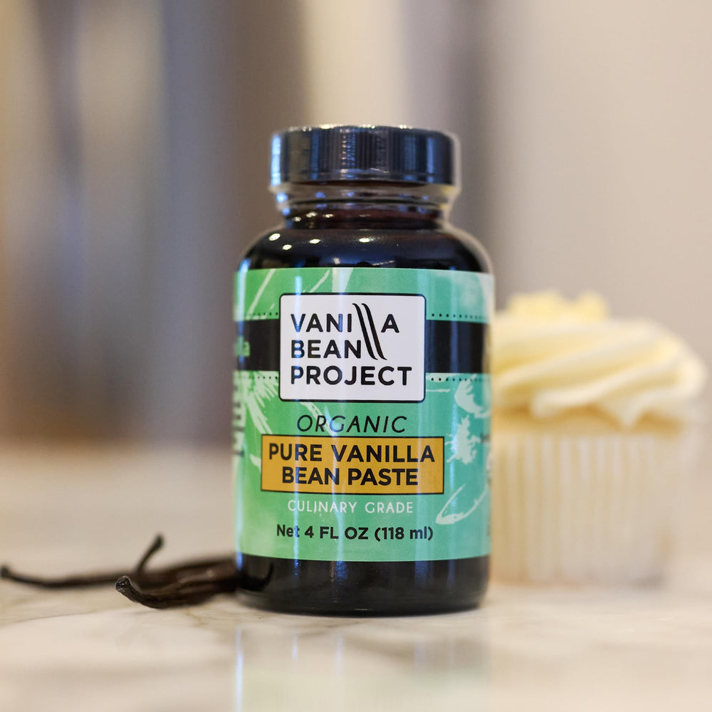 Display of paste with vanilla pods and ingredients showing brand and clean-label composition