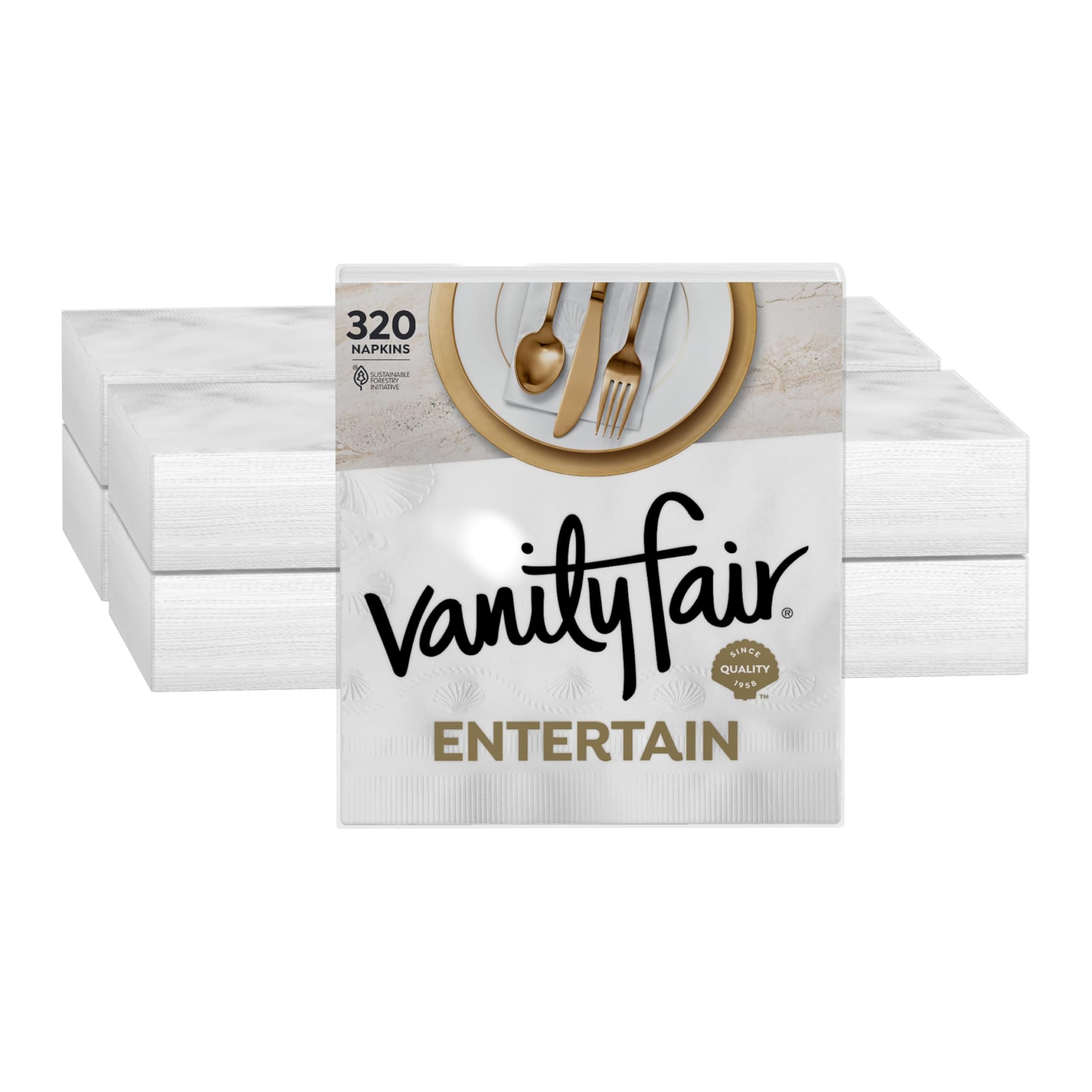Vanity Fair front pack showing 320-count napkins and product branding for easy storage