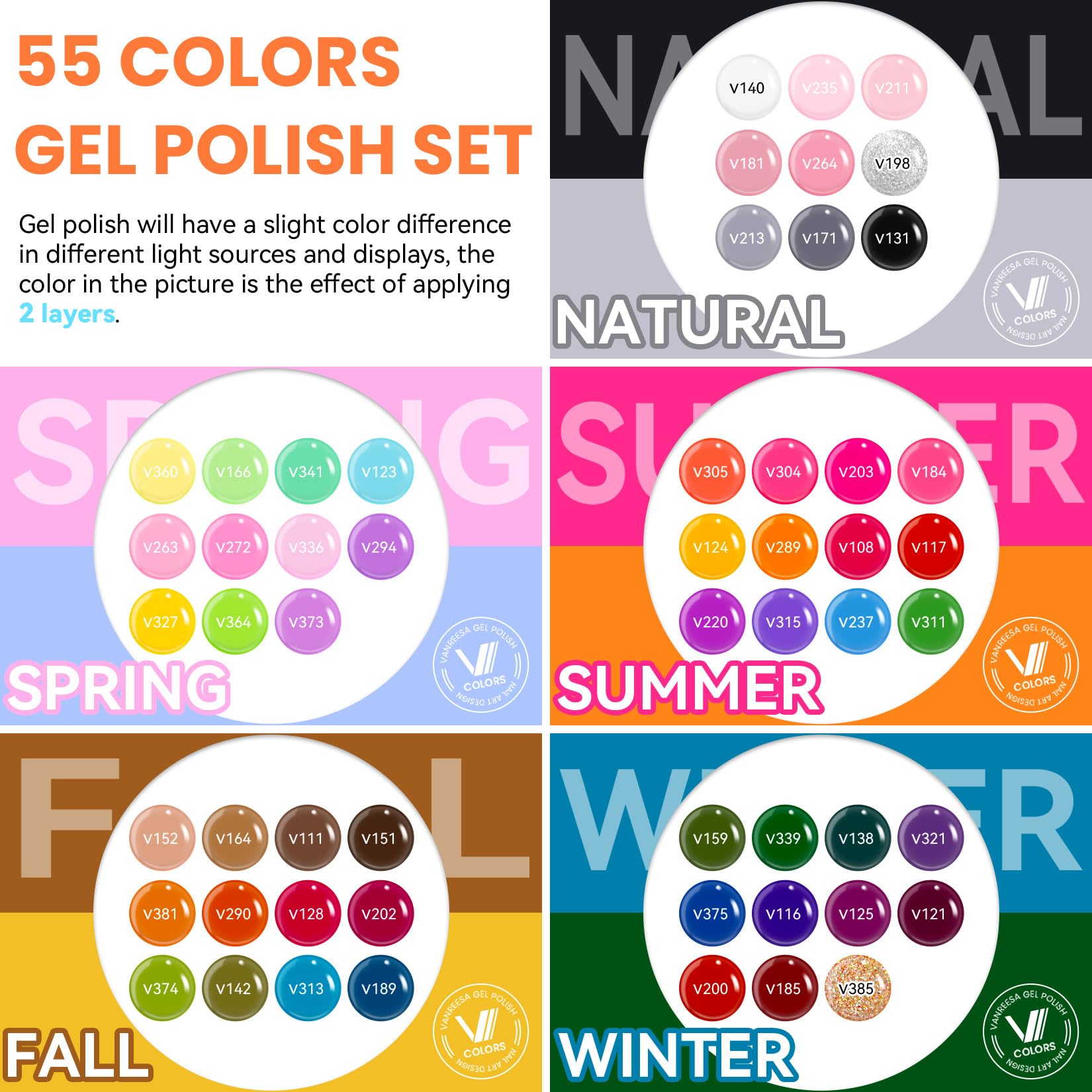 VANREESA colorful spread of 55 gel polish shades for creative combinations