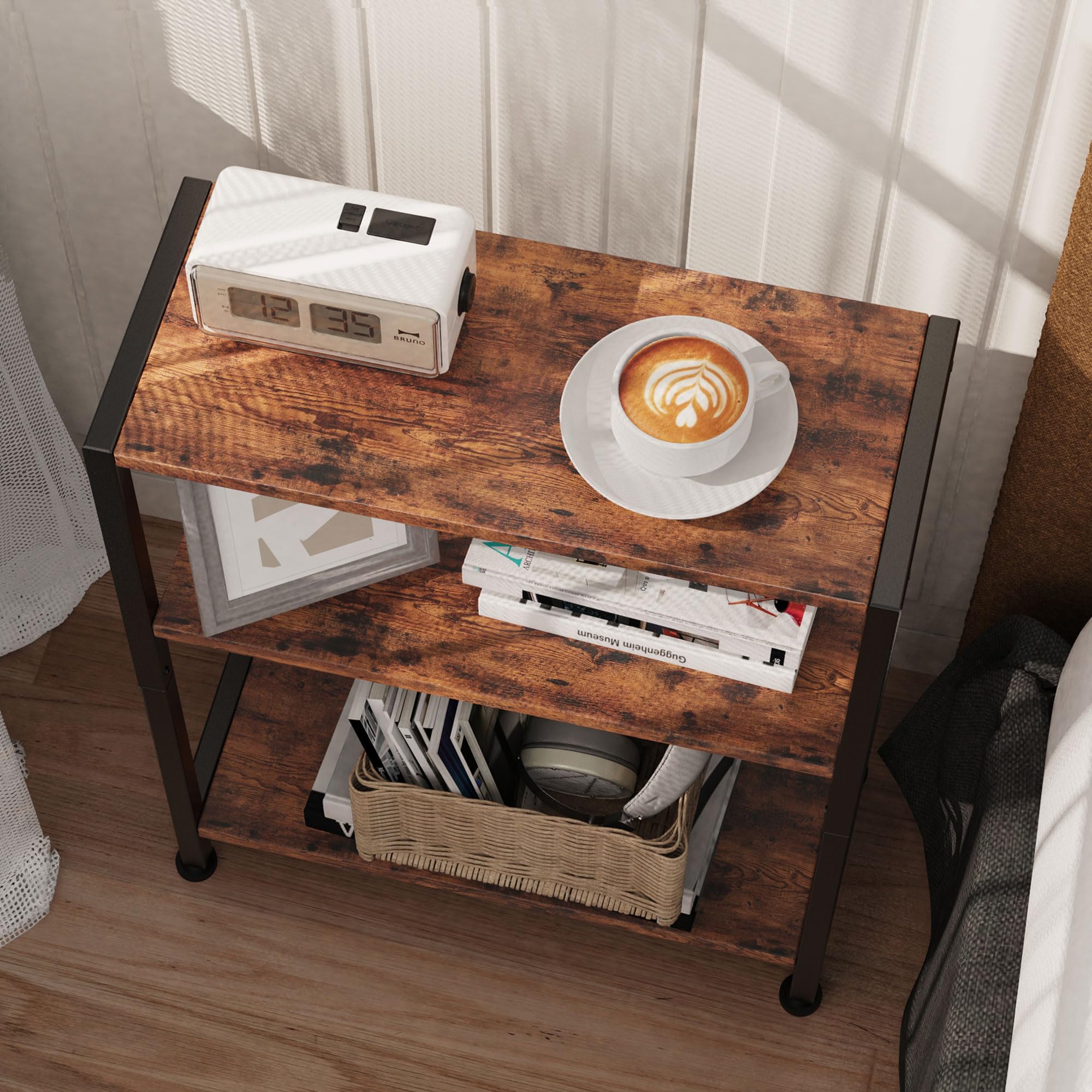 Vantimo three-tier in living room use, brand organizes drinks and remotes effectively
