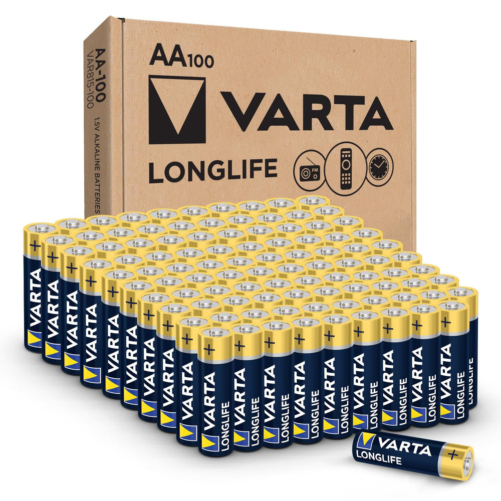 VARTA front packaging showing 100-pack and brand reliability