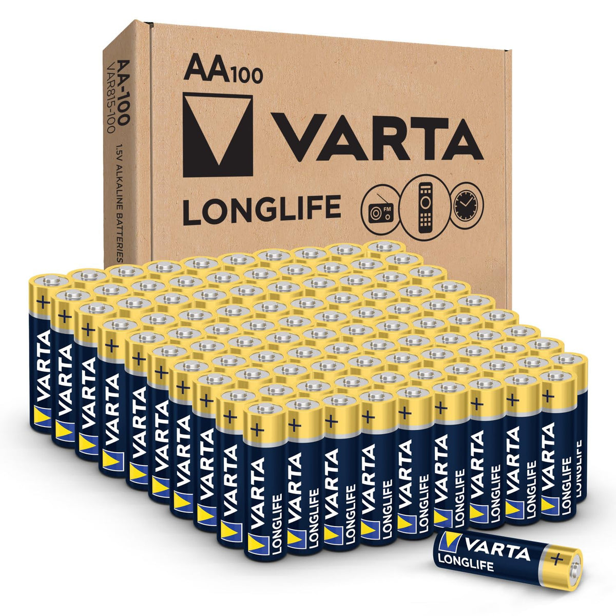 VARTA front packaging showing 100-pack and brand reliability