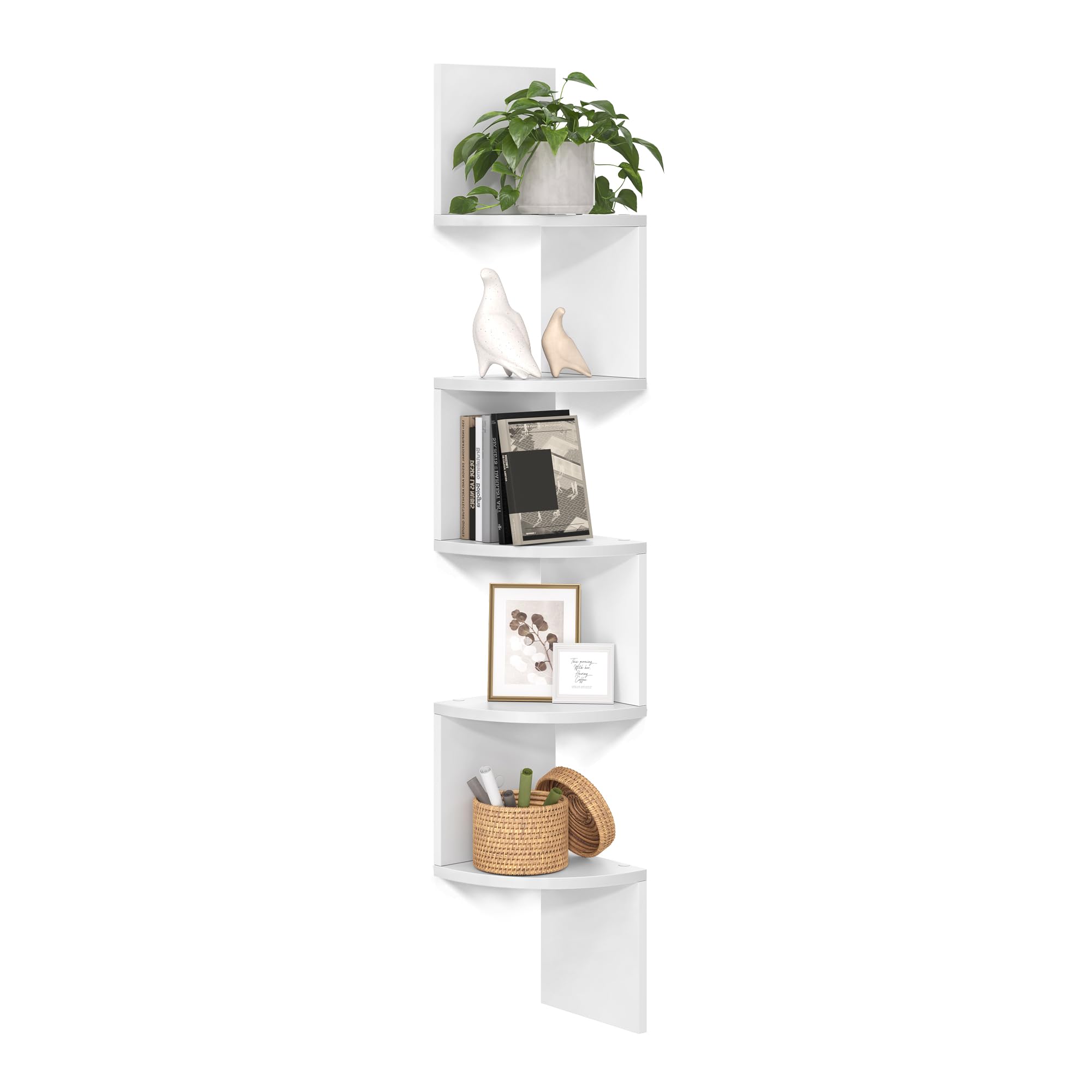 VASAGLE front view of corner shelf showing clean right-angled fit and modern look