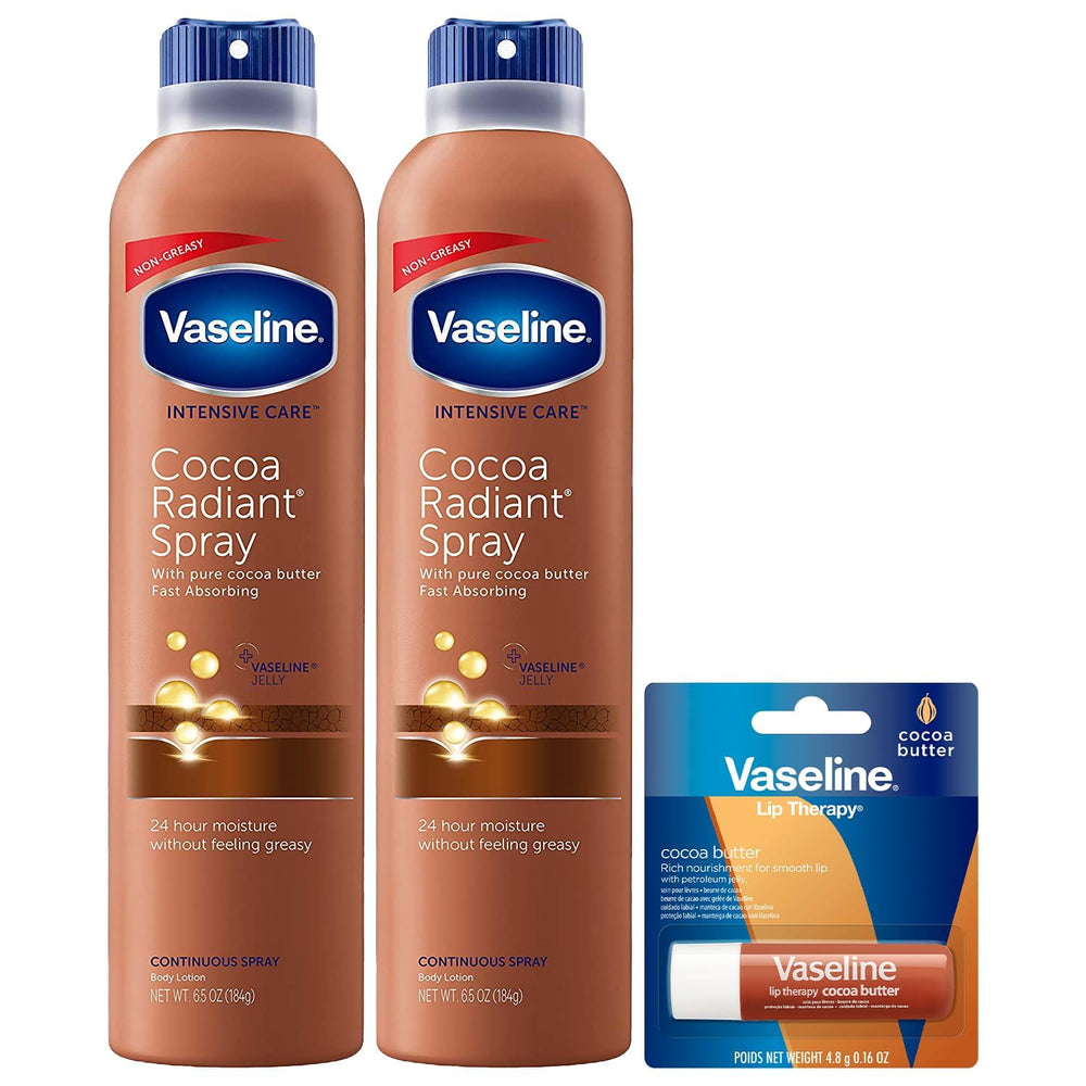 Vaseline front packaging showing two cocoa radiant spray cans and lip stick for quick hydration