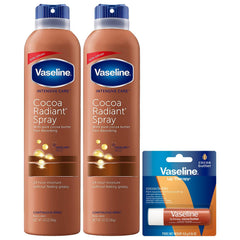 Vaseline front packaging showing two cocoa radiant spray cans and lip stick for quick hydration