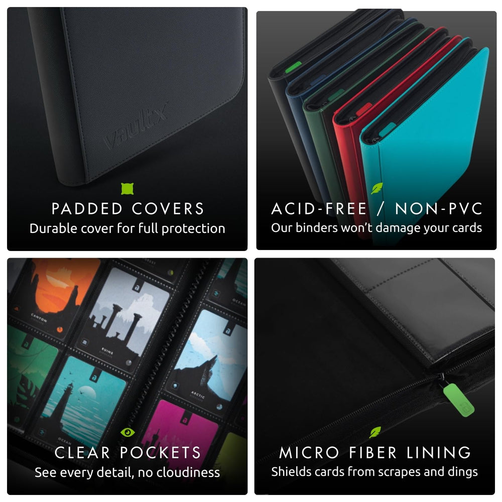 Vault X binder with sleeved cards to show compatibility with penny and exact-fit sleeves