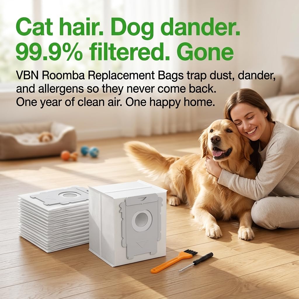 VBN in a living room next to a Roomba portraying convenient, hands-free cleaning