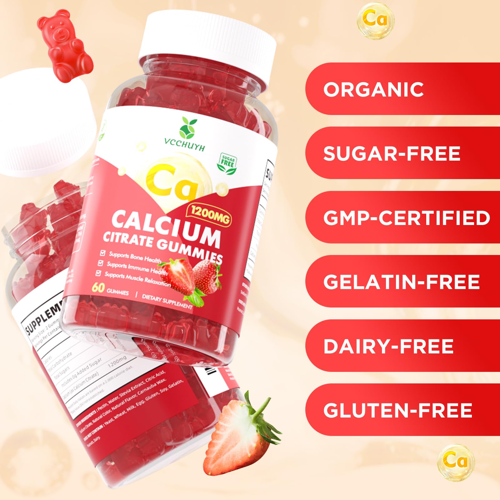 VCCHUYH label closeup showing supplement facts and clean vegan ingredients benefit