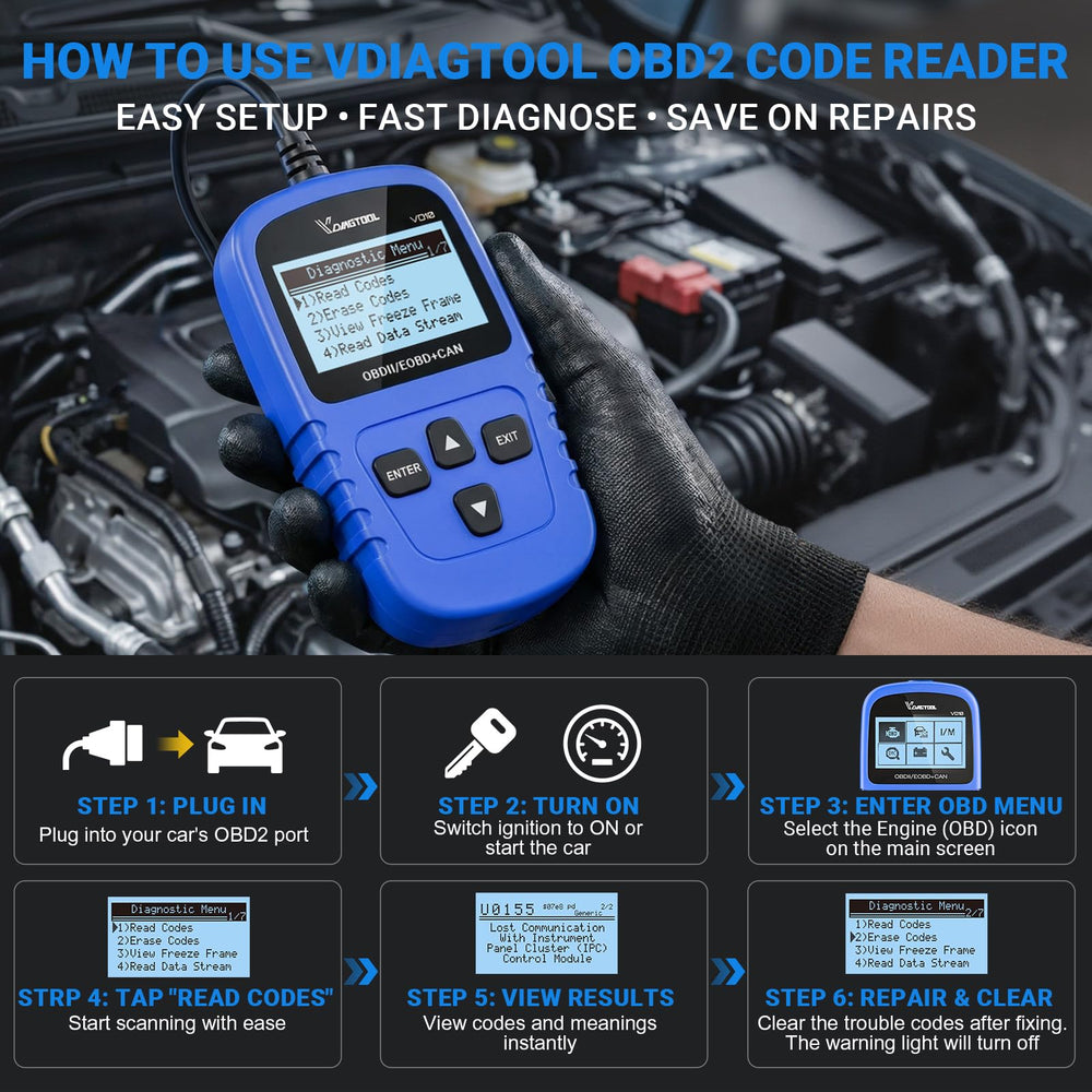 VDIAGTOOL VD10 plugged into car OBD port for instant diagnostics benefit