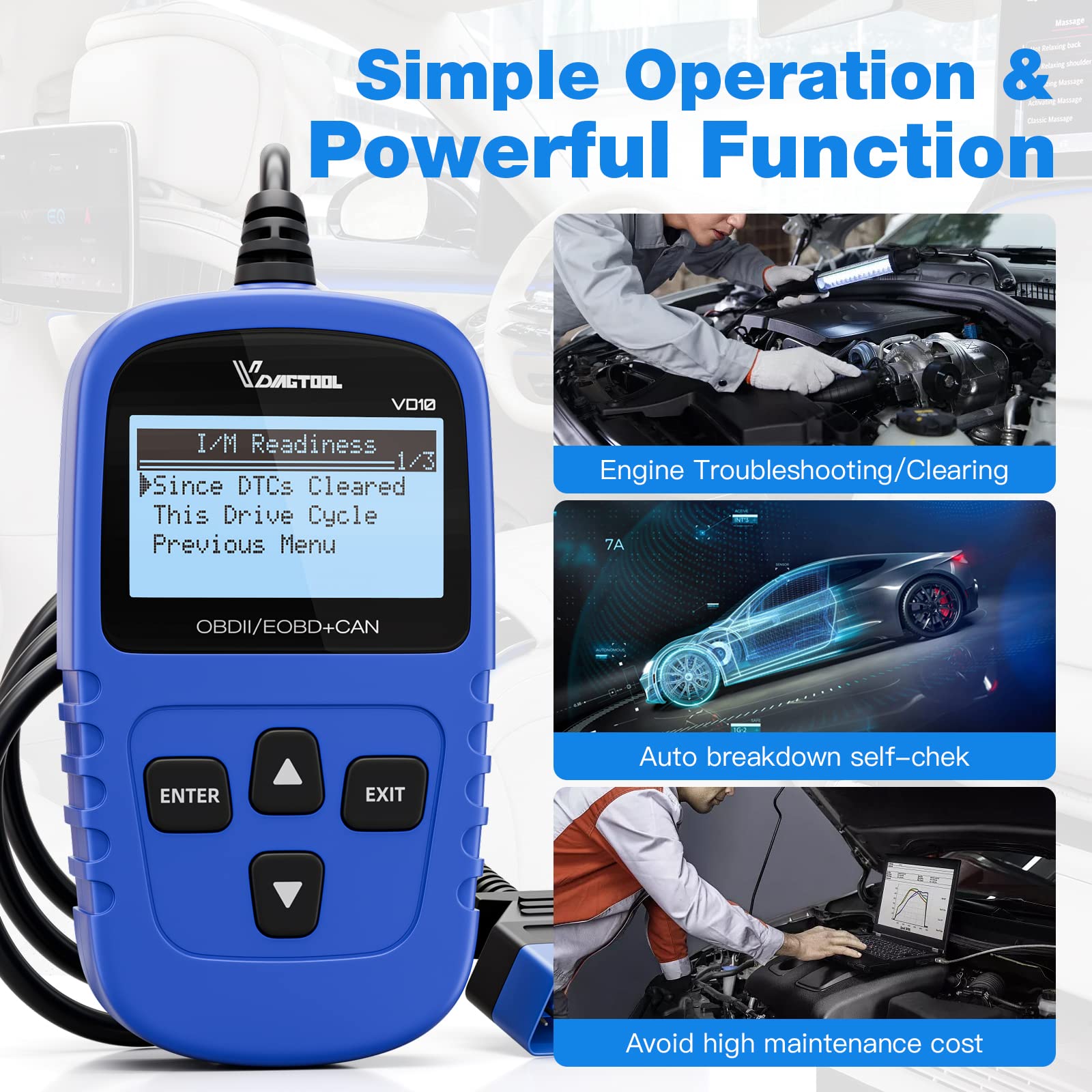 VDIAGTOOL VD10 beside compact SUV illustrating size and portability benefit
