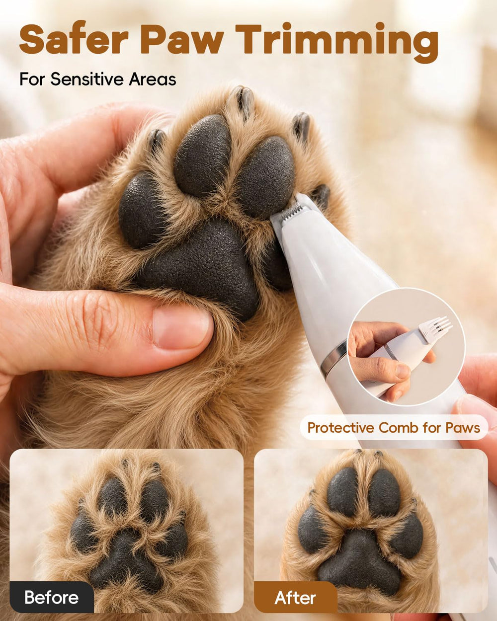 Veeconn lifestyle grooming on sofa showing comfortable at-home pet trimming