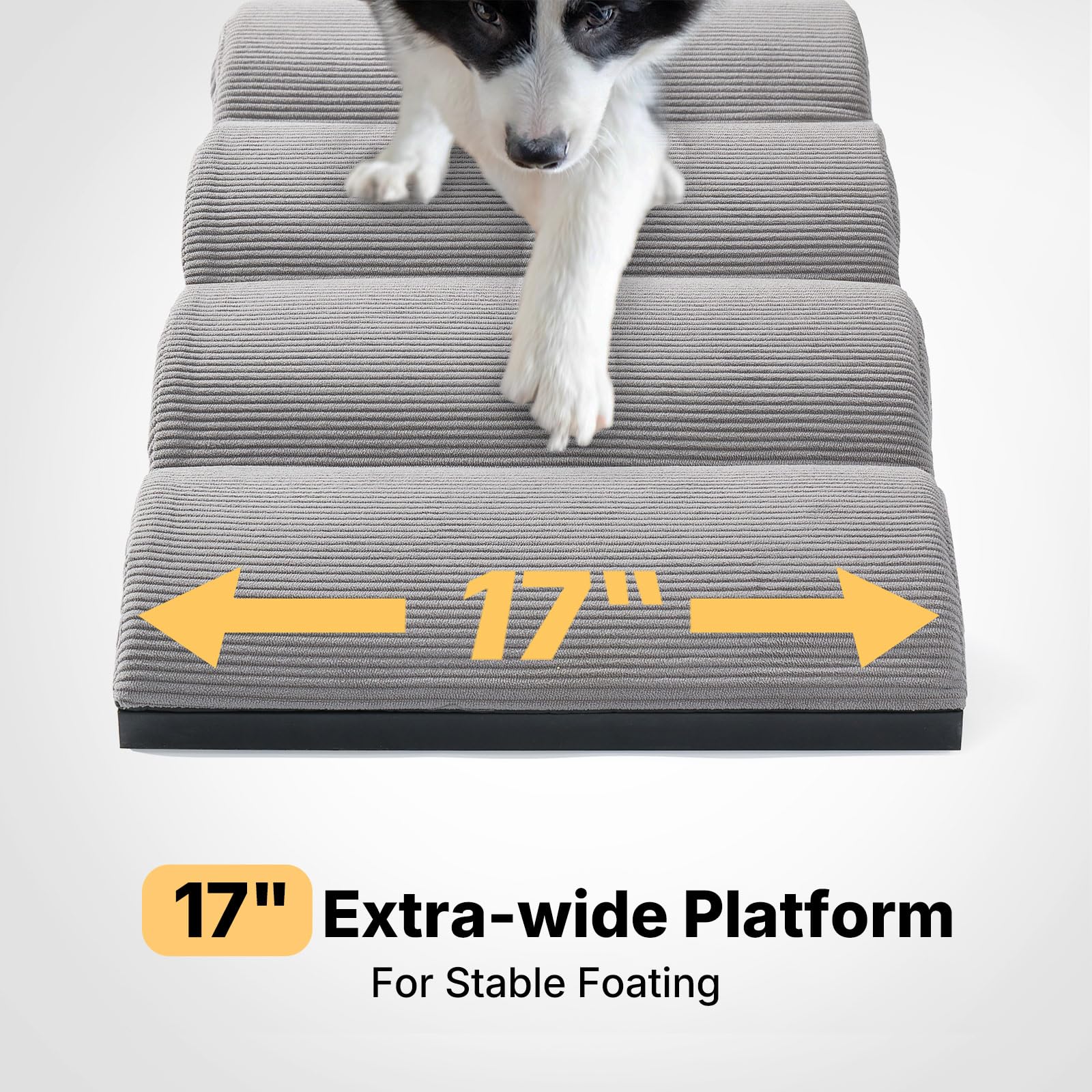 Veehoo dog using ramp to reach bed showing gentle climb and confidence benefit