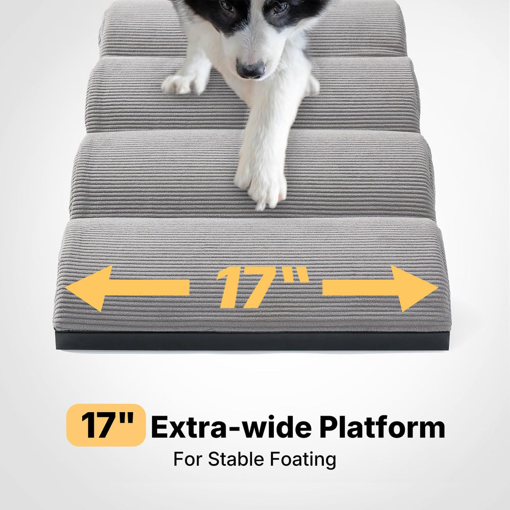 Veehoo dog using ramp to reach bed showing gentle climb and confidence benefit