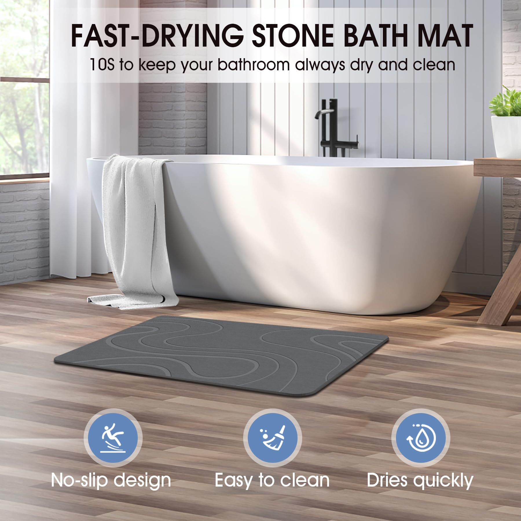 VEELOIM mat in use as someone steps from shower showing safe drying