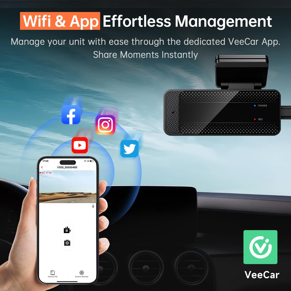 Veement V300 installed on windshield demonstrating 170° coverage across lanes