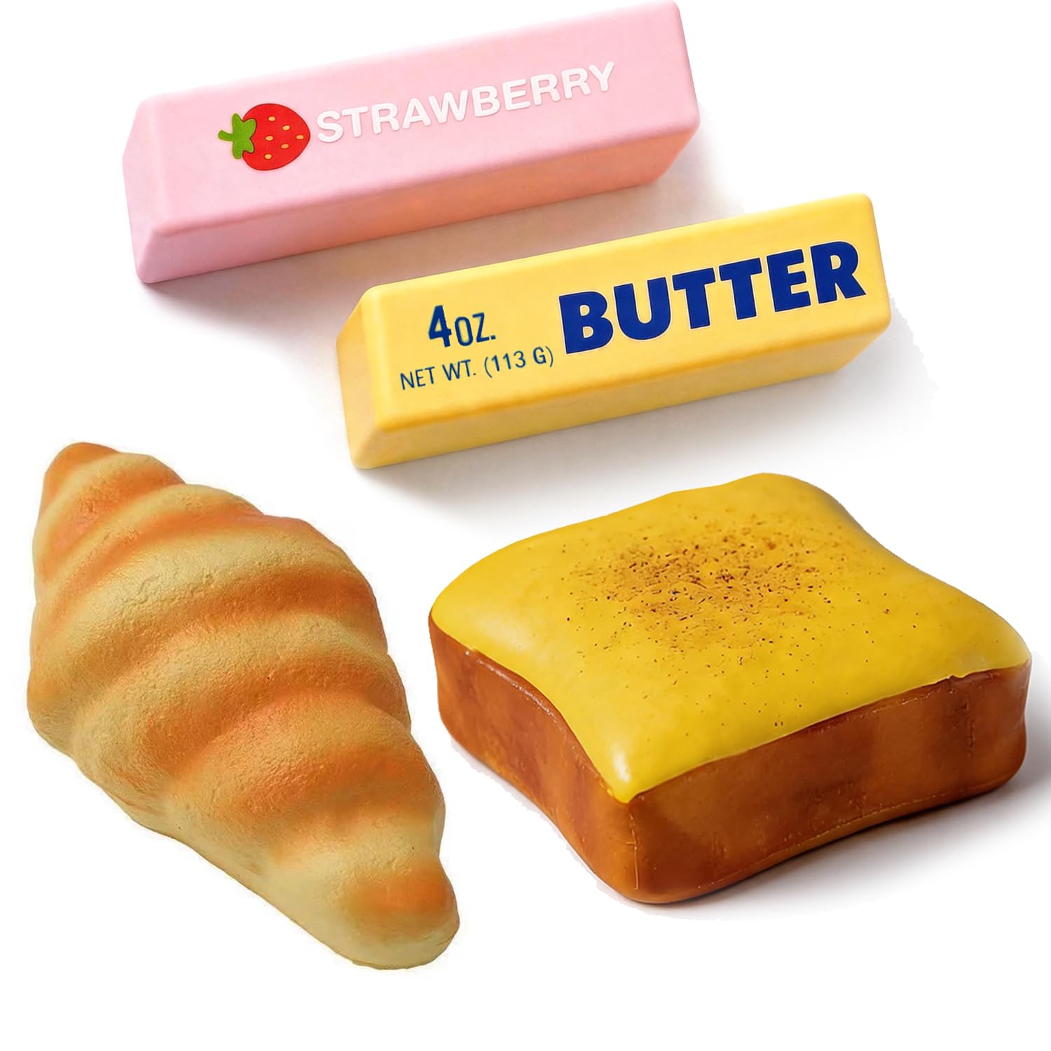 Veephine front packaging showing 4-piece butter and bread squishy set for stress relief