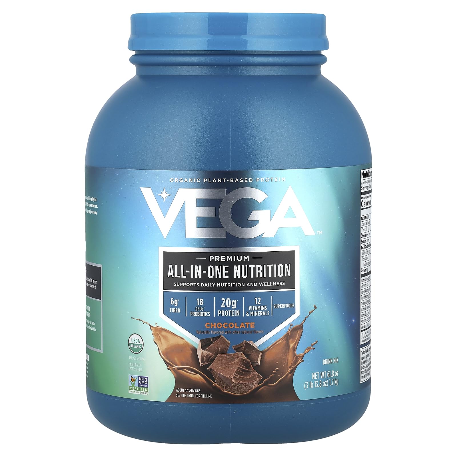 Vega front tub showing chocolate label and serving info for easy pantry choice