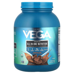 Vega front tub showing chocolate label and serving info for easy pantry choice