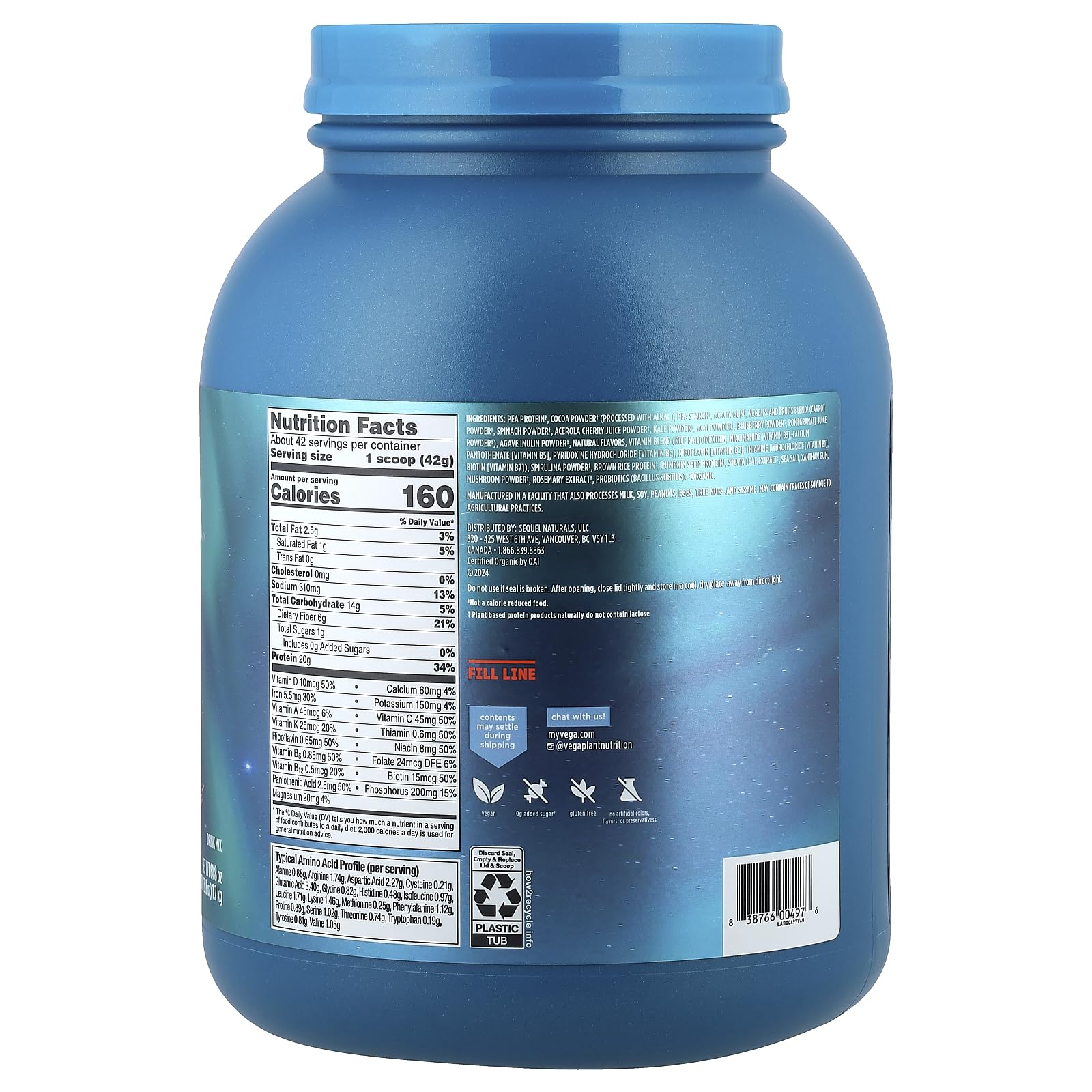 Vega chocolate shake in a clear bottle mixed smooth for quick on-the-go energy