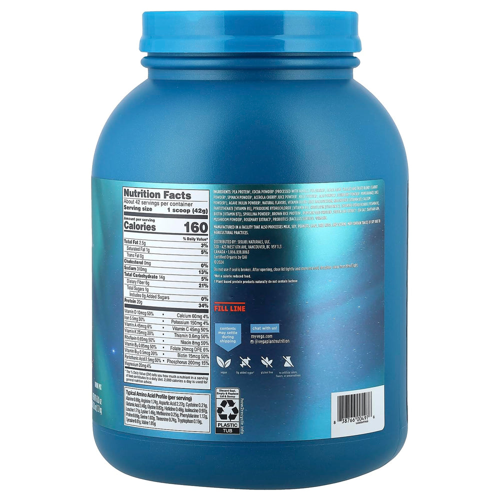 Vega chocolate shake in a clear bottle mixed smooth for quick on-the-go energy