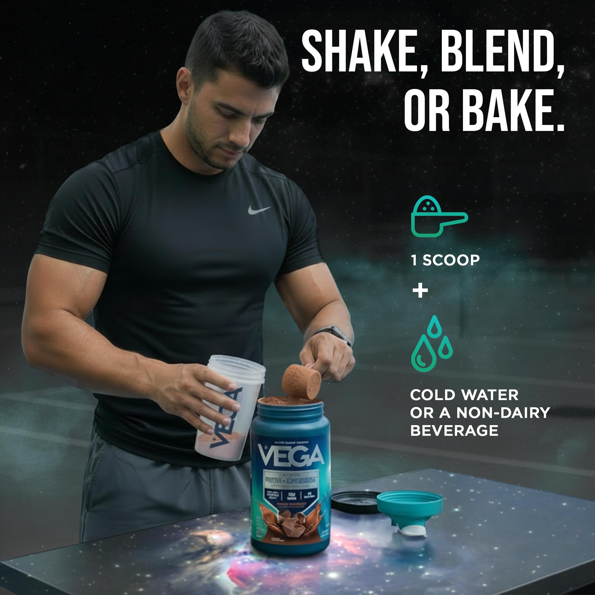 Vega serving scoops on scale demonstrating accurate portions