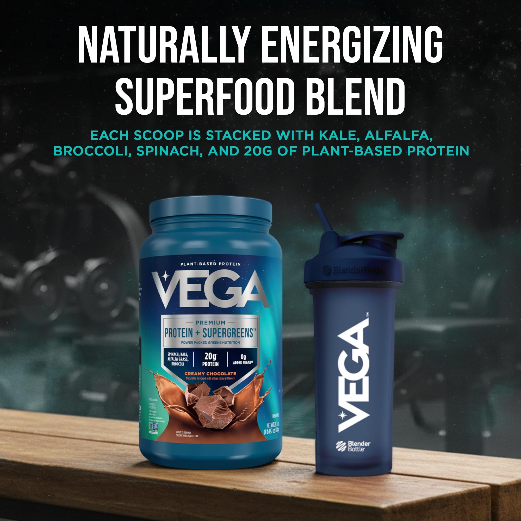 Vega shaker bottle in gym setting for post-workout recovery