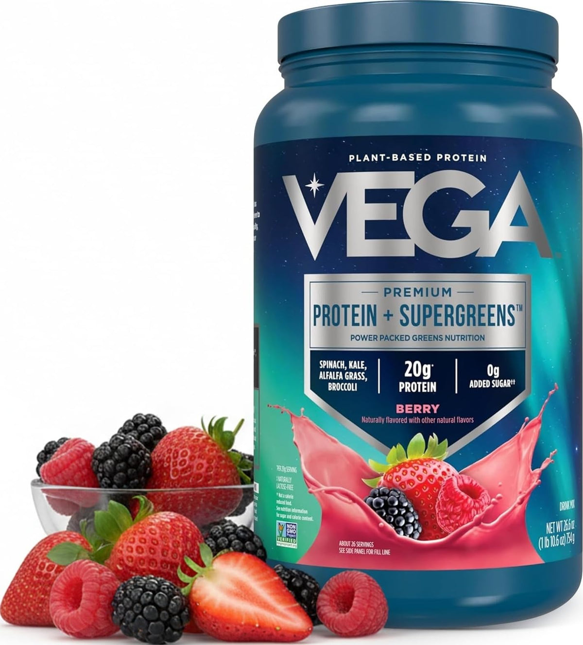 Vega front packaging showing berry tub and clear product benefits