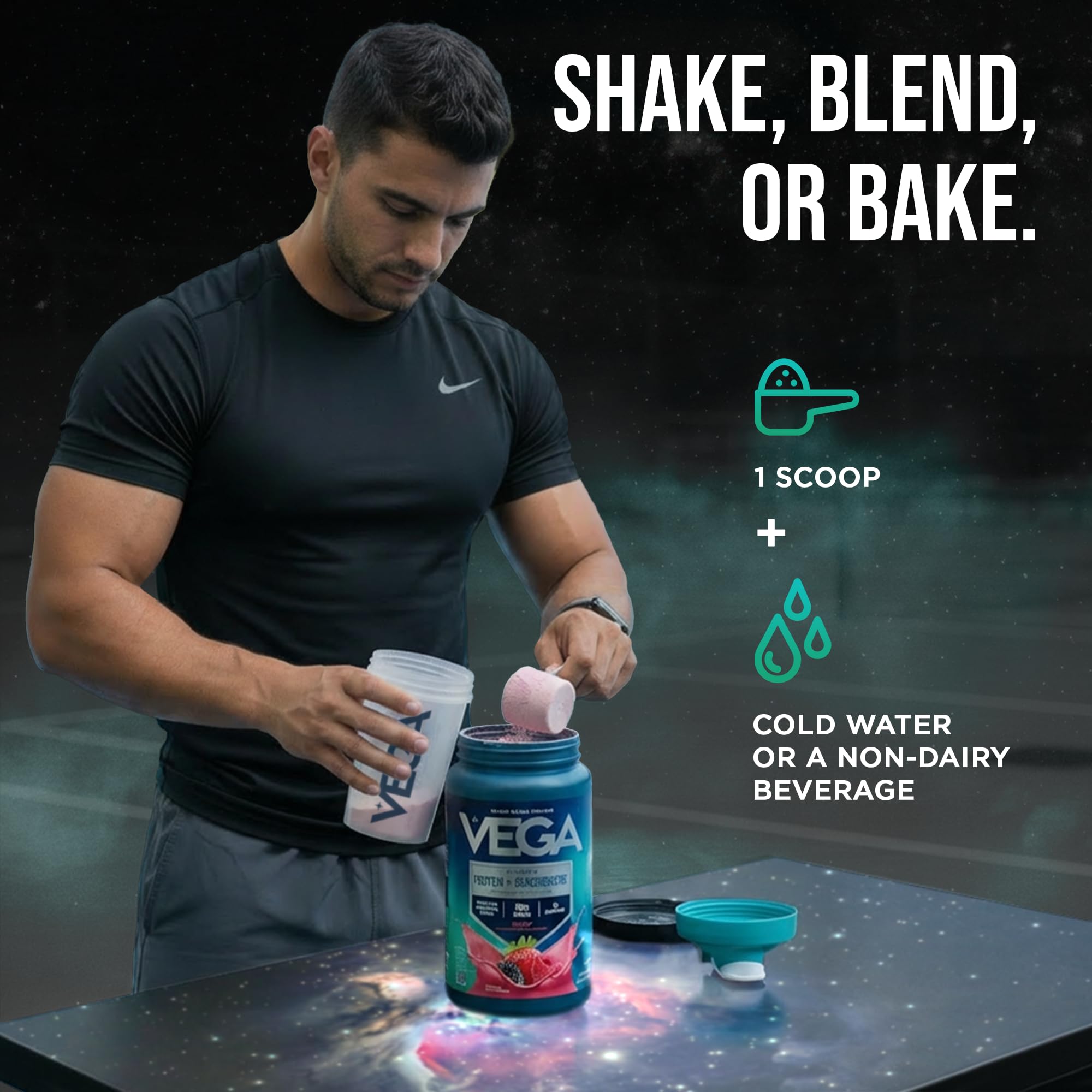 Vega product label close-up highlighting ingredients and nutrition