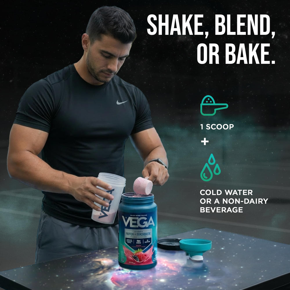 Vega product label close-up highlighting ingredients and nutrition