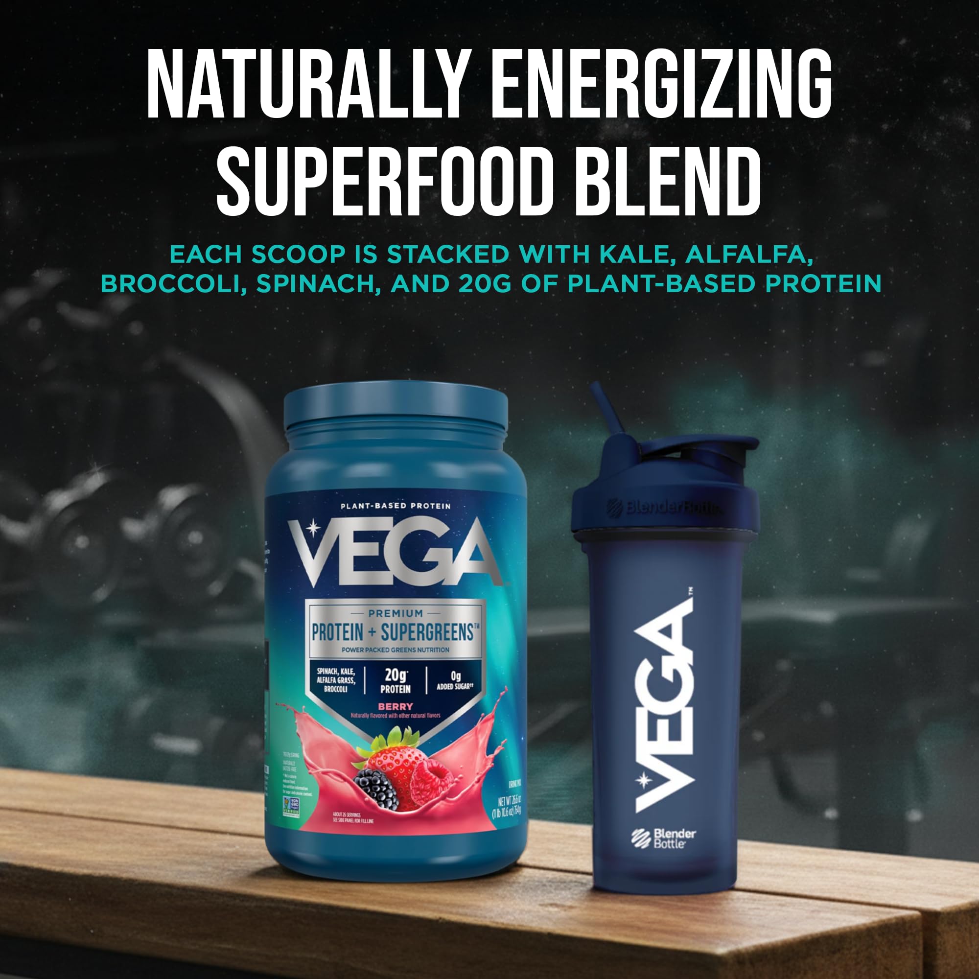 Arrangement of spinach kale broccoli with Vega tub showing greens source